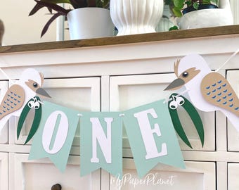 Kookaburra native bird birthday banner. Australian party decor, First birthday, custom name.