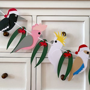 Aussie Christmas Native Birds Garland. Australian Xmas decor, santa hats.
