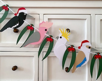 Aussie Christmas Native Birds Garland. Reusable, Australian Xmas decor, birds in santa hats.