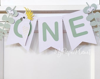 Cockatoo high chair banner. ONE, first birthday bunting. Australian native birds.