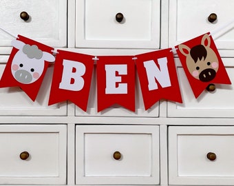 Farm Animals CUSTOM name banner in red, personalised. Cow, Sheep, Pig, Horse. First Birthday, Cake smash bunting, Photo prop.