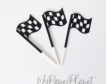 Checkered Flag Cupcake Toppers. Racing car birthday party decor, first birthday, baby shower.