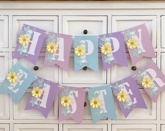 Happy Easter banner, pastel floral decor with daisies.