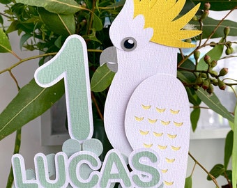 Cockatoo Cake Topper. Birthday cake topper, add name and age. Australian native bird.