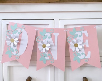 Daisy Banner. Custom Name, ONE First birthday bunting. Yellow or pink floral, flower.