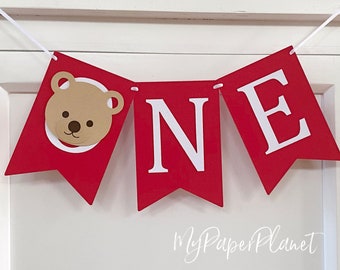 Teddy Bear ONE high chair banner. Teddy bears picnic, first birthday bunting. Choice of colours.