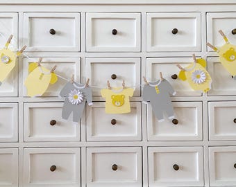 Baby clothes banner, baby shower garland, neutral baby sprinkle. Yellow, Pink, Blue.