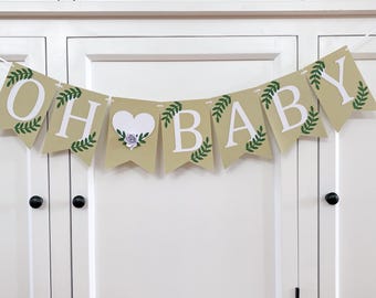 OH BABY Greenery Banner. Choice of colours, leaves, heart, flower. Botanical, baby shower banner, neutral baby sprinkle.
