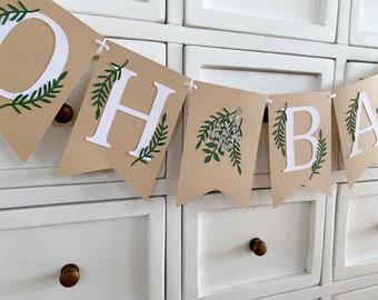 OH BABY Greenery Banner. Botanical, leaves baby shower banner, neutral baby sprinkle.