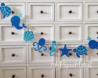 Under the Sea Banner. Octopus, turtle, sea horse, starfish, whale.