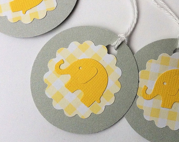 Baby Elephant Gift Tags. Yellow and Gray With Gingham Pattern. Hand