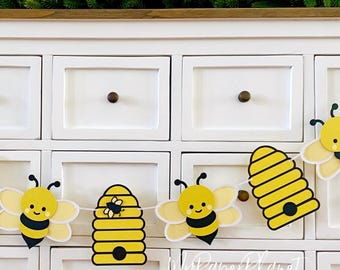Bees and bee hives, bumblebee honey bee garland, baby shower, party decor, first birthday.