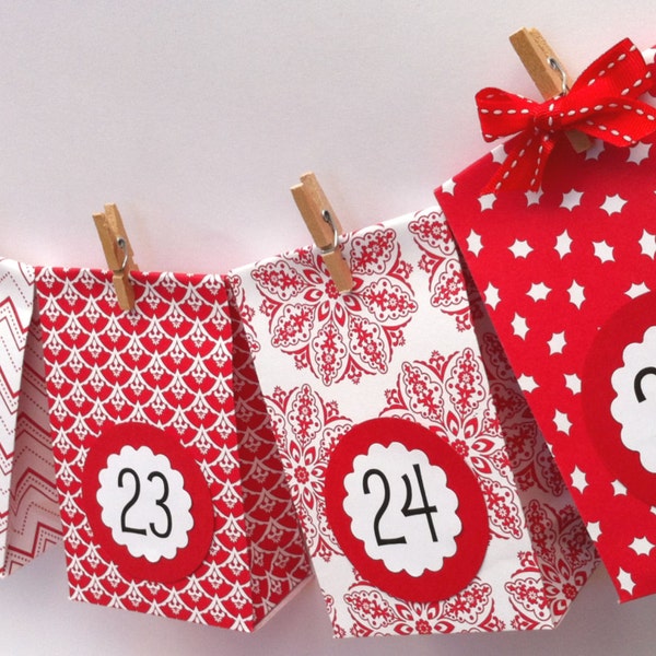Red and White Advent Calendar. Gift bags handmade from patterned paper.  A beautiful mini gift bag Advent Calendar garland. Numbered 1-25.