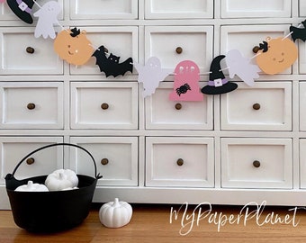 Pastel Halloween banner. Cute Holiday decor, ghost, pumpkin, bats.