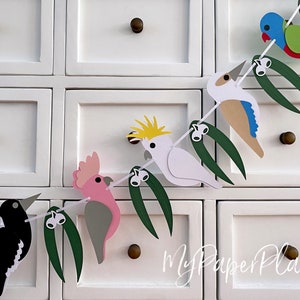 Australian Native Birds Garland. Kookaburra, galah, lorikeet, magpie, crested cockatoo, gum leaf.