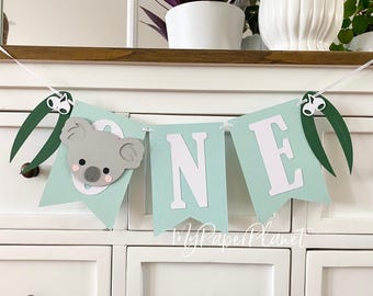 Koala high chair banner. ONE, first birthday bunting. Australiana.