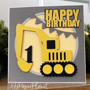 Happy Birthday Construction card, Age birthday. First birthday. Dump truck, dozer, digger.