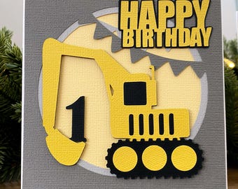 Happy Birthday Construction card, Age birthday. First birthday. Dump truck, dozer, digger.