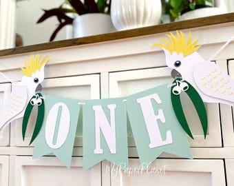 Cockatoo native bird birthday banner, party decor. I am two, first birthday, custom name.