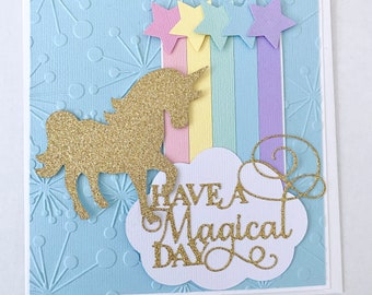 Rainbow Unicorn greeting card, Pastel rainbow with stars, gold glitter unicorn. Blank birthday card.