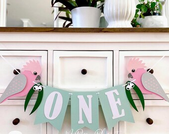 Pink Cockatoo native bird birthday banner, Galah party decor. First birthday, custom name.