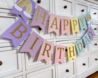 Pastel Rainbow Happy Birthday banner. Custom Name, party, first birthday. Cake smash, photo prop.