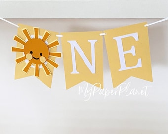 Sunshine high chair banner. ONE, first birthday bunting. First trip around the sun, boho sun.