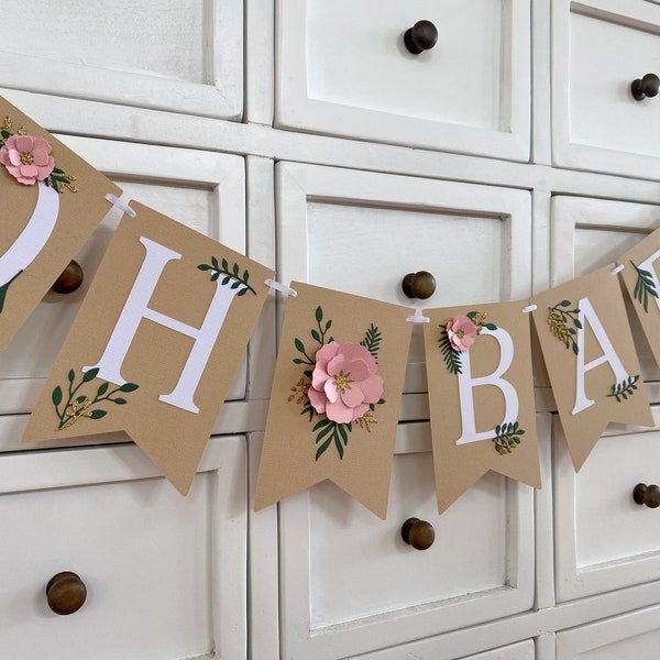 OH BABY Floral Greenery Banner. Botanical baby shower banner, baby sprinkle. Pink, white flowers.