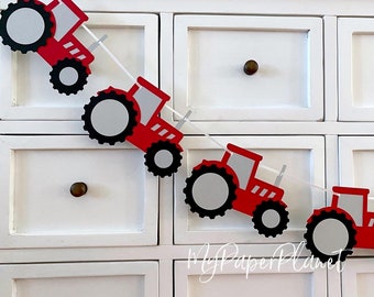 Tractor banner. Red or green tractors. Bunting, garland for baby shower, birthday party decorations.