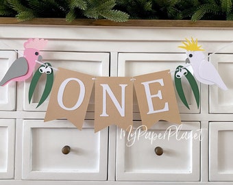 Australian Birds Banner ONE Cockatoo, Galah. First Birthday, Custom name, Cake smash, bunting, Photo prop.