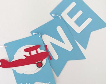 Airplane high chair banner, red plane. ONE, first birthday bunting. Time flies, vintage aeroplane.