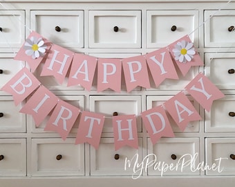 Daisy Happy Birthday party banner.  Flower, floral bunting. Add Custom name, personalised decor.
