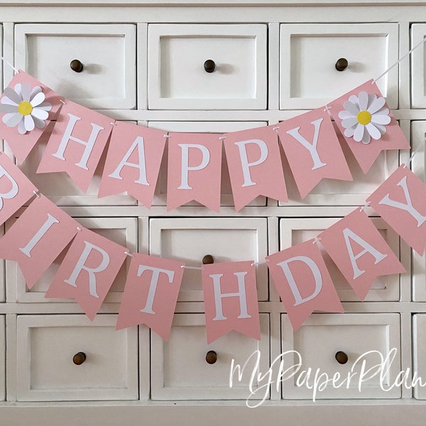 Daisy Happy Birthday party banner.  Flower, floral bunting. Add Custom name, personalised decor.