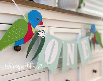 Rainbow lorikeet native bird birthday banner. Australian party decor, First birthday, custom name.