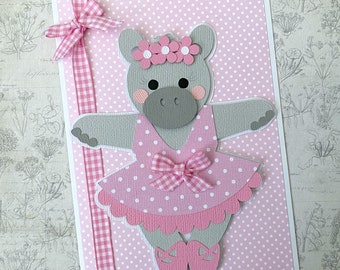 Ballerina Hippo Card, Hippopotamus birthday card, first birthday party, ballet dancer.