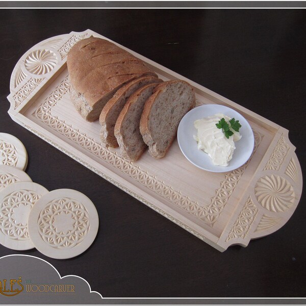 Chip carved Serving tray, a unique kitchen centerpiece with matching set of 4 coasters, food safe, gift for her, 5th wooden anniversary gift