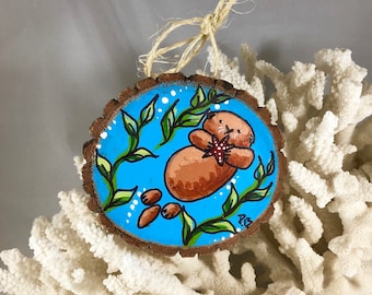 Wood hand painted sea otter chrismtas ornament