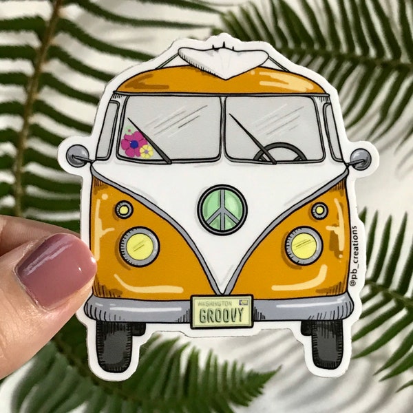 Vinyl washington vw hippie van sticker 3” groovy peace water bottle bumper computer sticker