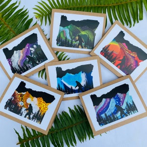 Oregon state Bigfoot shape acrylic pour art prints card or card set Sasquatch yeti Pacific Northwest