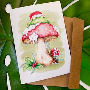 Toadstool mushroom snail Christmas card or set of cards cottage core frog funny cute holiday