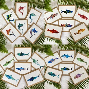 Fish shark swordfish ahi tuna salmon acrylic pour art prints card or card set