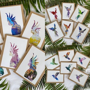 Parrot cockatoo hummingbird bird acrylic pour art prints card or card set