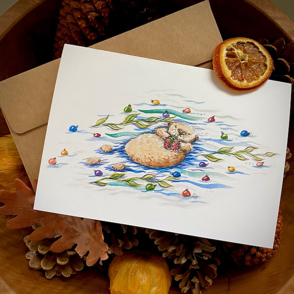 Sea Otter Christmas card or set holiday card california Oregon washington ocean beach theme