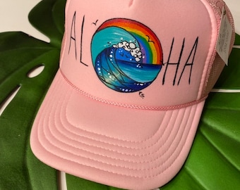 Hand painted rainbow ocean hat aloha beach wave surf hat