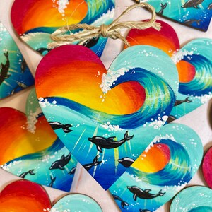Handpainted wood heart dolphin sunset wave surf ornaments