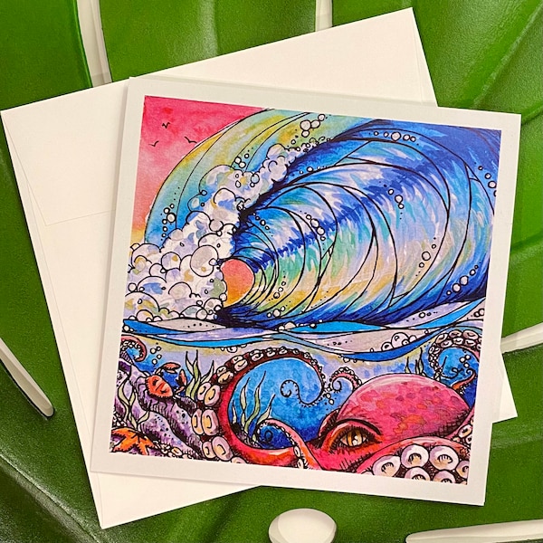Greeting card with octopus crab wave surf | Oregon Washington california Hawaii coast Monterey bay seattle Portland north shore pipeline