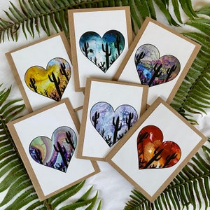 Desert heart sunset cactus acrylic pour art prints card or card set