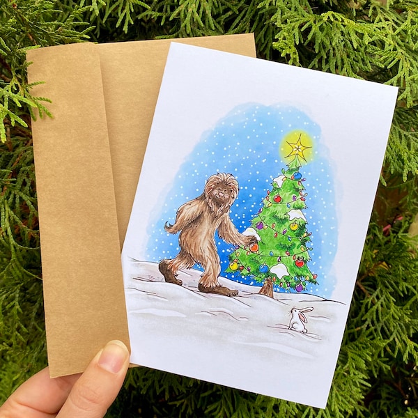 Bigfoot Sasquatch Christmas card or set of cards Pacific Northwest Oregon Washington alaska utah Idaho California yeti funny cute holiday
