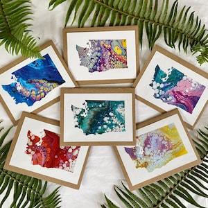 Washington state shape acrylic pour art prints card or card set