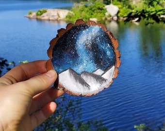 Galaxy Night Sky Mountain Hand Painted Wood Slice Ornament Wall Hanging